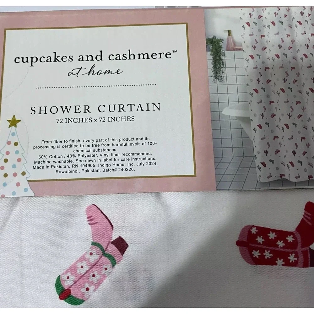 Cupcakes And Cashmere Christmas Shower Curtain Pink Preppy Western Boot Cowgirl